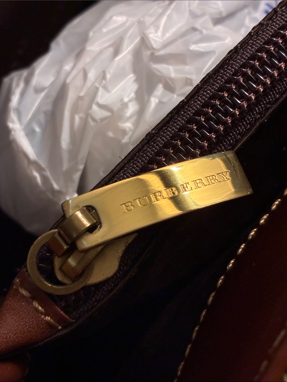 Burberry Beige Plaid Tote with Brown Leather Pocket - Picture 12 of 13